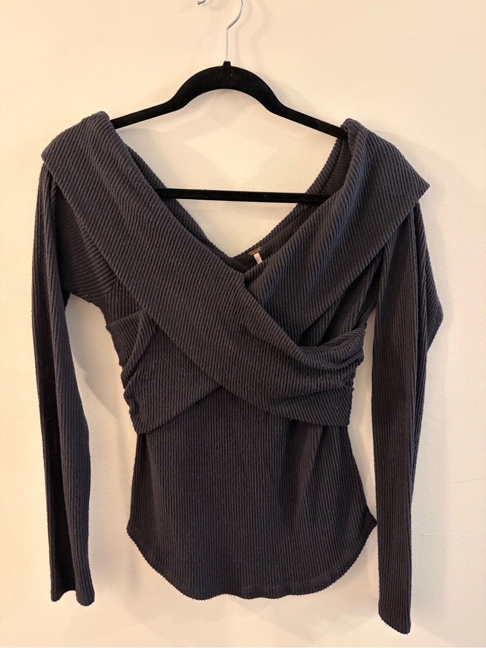 Free People Ribbed Off-Shoulder Wrap Long Sleeve Top - Charcoal